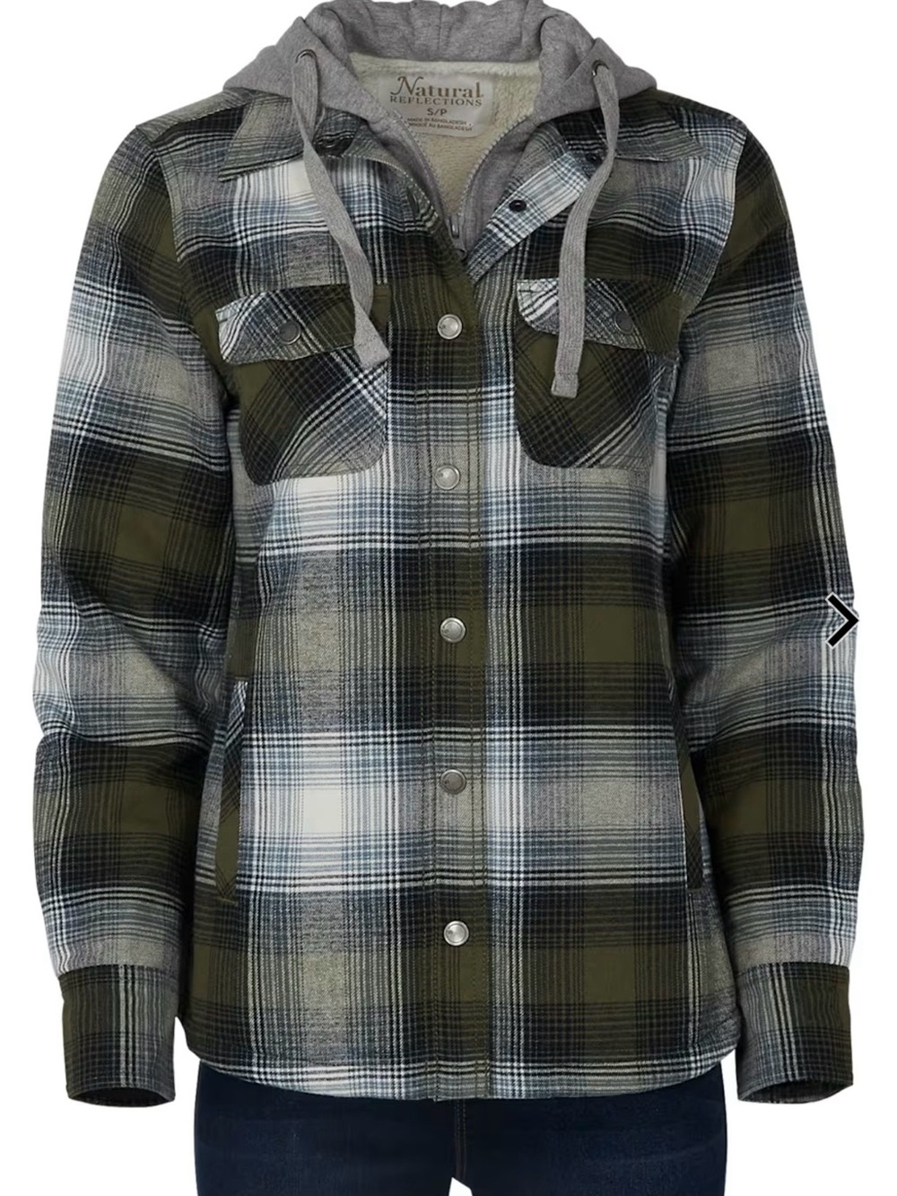 Natural Reflections Olive and Gray Plaid Hooded Flannel